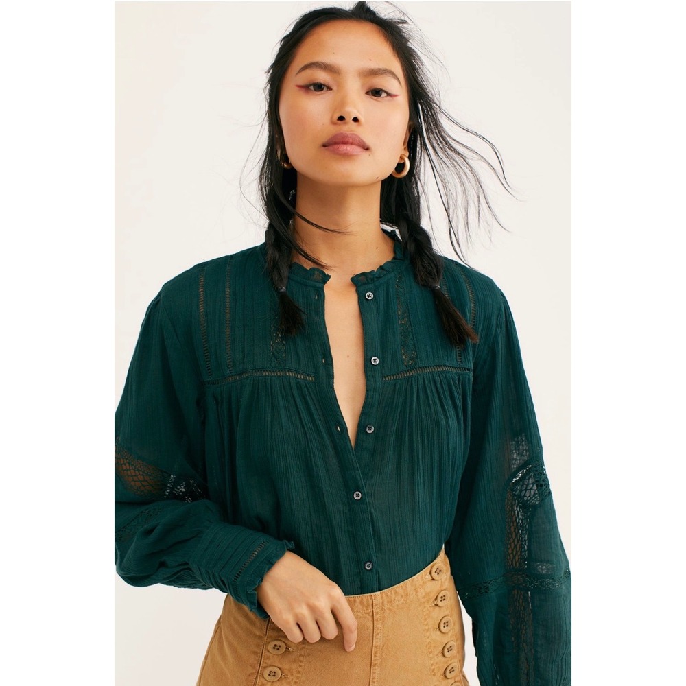 Free People Emma Eyelet Button Down Blouse Teal Green Lace Boho Top Size M